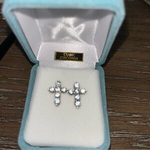Cubic Zirconia Cross Stud Earrings in Silver